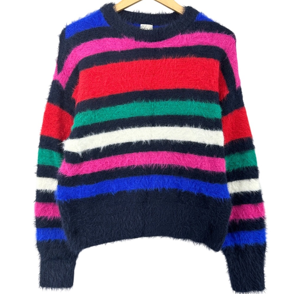 A New Day Fuzzy Striped Rainbow Crewneck Knit Pullover Sweater Womens S Softgirl
